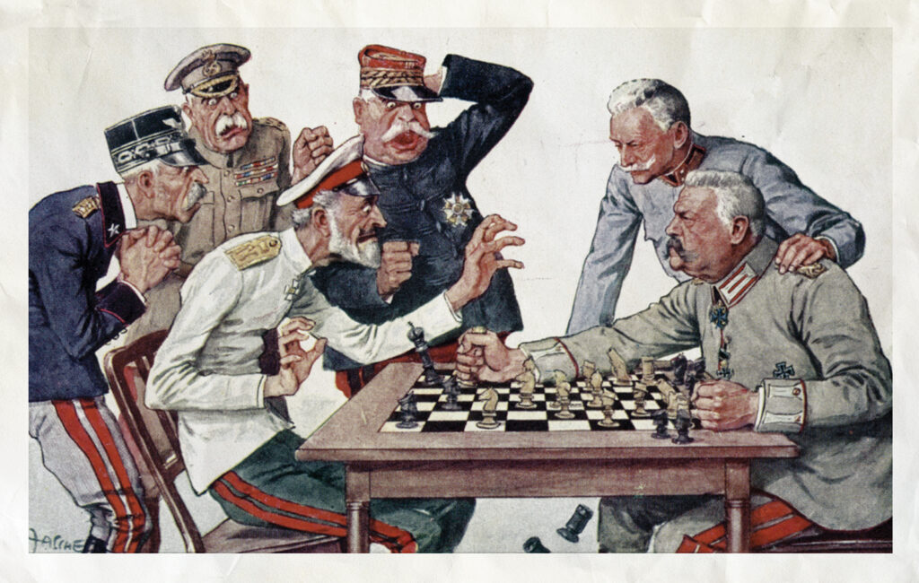 Painting showing World War I: Chiefs of the General Staff Hindenburg and Hoetzendorf playing chess against adverse Chiefs, Wartime propaganda, Pictured postcard, Around 1915